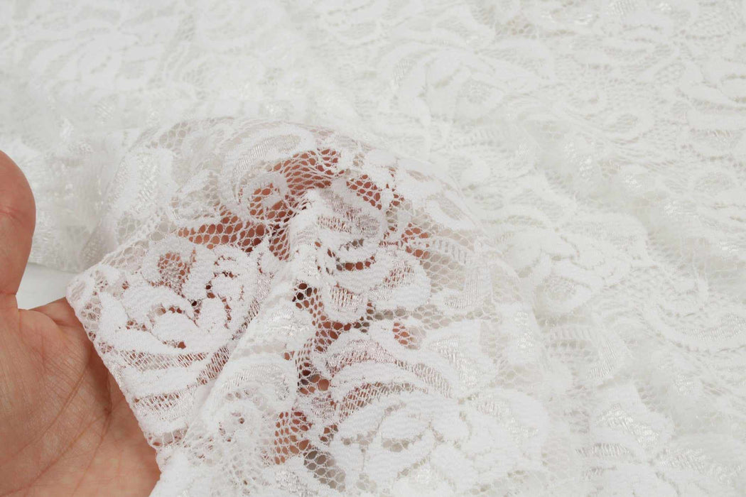 10 Mts Roll - Stretch Lace with Floral Pattern (White) - OFFER: 7€/MT-Roll-FabricSight