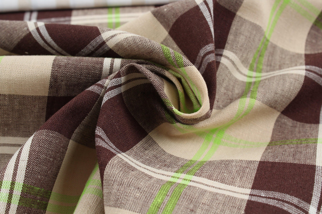 Cotton Linen Tartan Checks for Summer - Brown and Green-Fabric-FabricSight