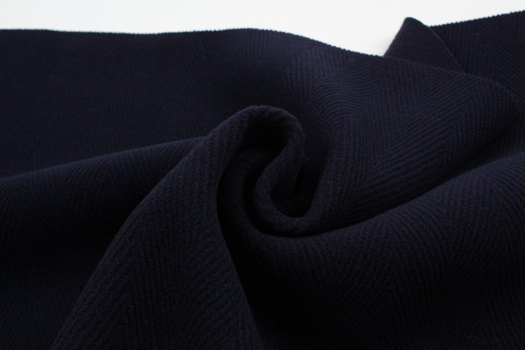 Heavy Herringbone Textured Wool Fabric for Coats and Accessories - Navy-Fabric-FabricSight