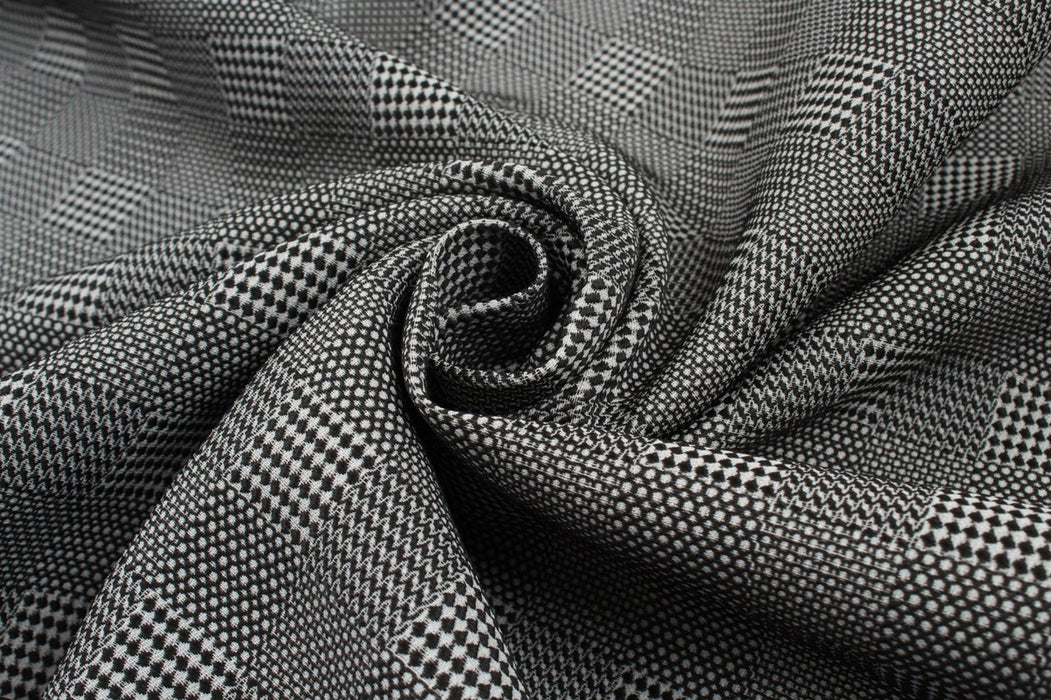 Jacquard Checks of Silk and Polyester - Black and White-Fabric-FabricSight