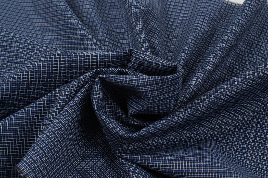 Light-Weight Stretch Wool - Small Checks - Blue-Fabric-FabricSight