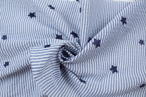 Seersucker Stripes Fabric with Stars Embroidery - Blue-Fabric-FabricSight