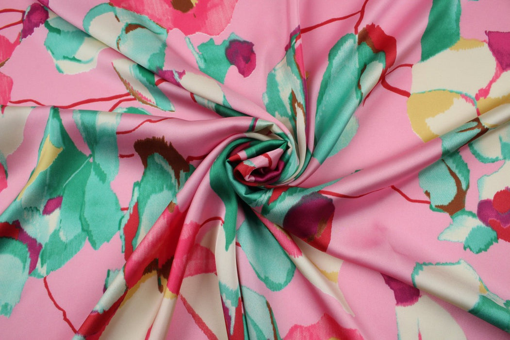 Shiny Satin - Pink - Flowers Print-Fabric-FabricSight