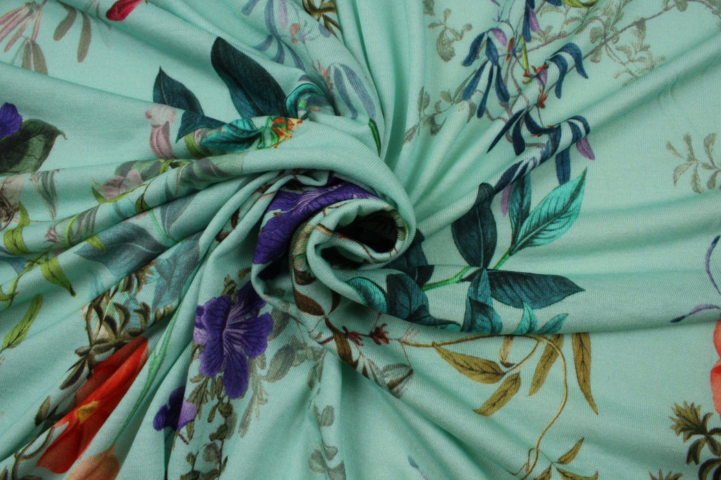Stretch Cotton Jersey - Floral Print - Turquoise-Fabric-FabricSight