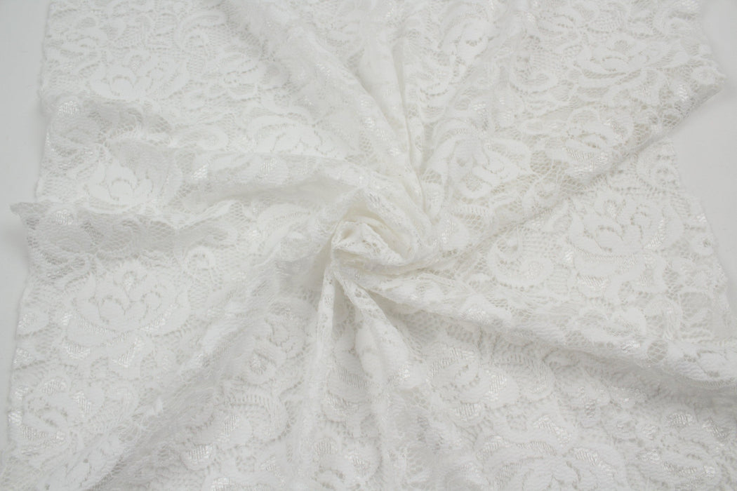Stretch Lace with Floral Pattern - White-Fabric-FabricSight
