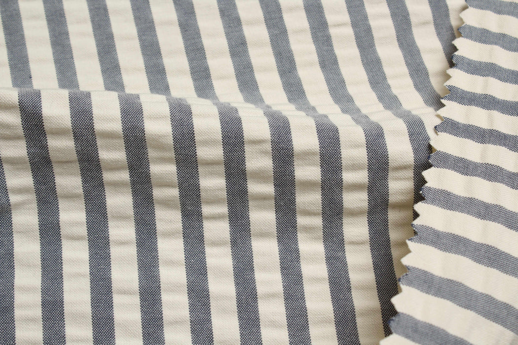swatch-Cotton Seersucker – Regency Stripes for Trousers-Fabric-FabricSight