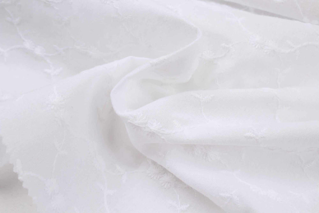 swatch-English Embroidery on Cotton Poplin - Floral Designs (Optical White)-Fabric-FabricSight