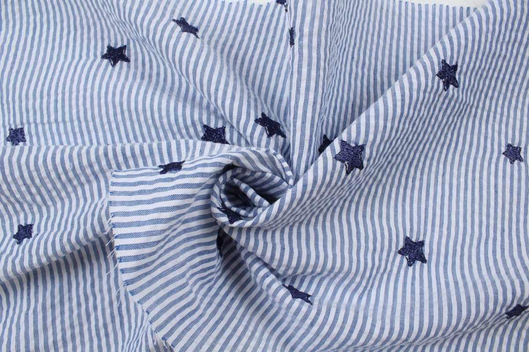 swatch-Seersucker Stripes Fabric with Stars Embroidery - Blue-Fabric-FabricSight