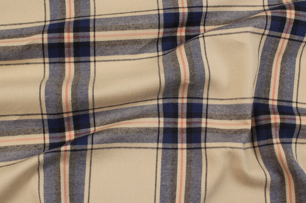 Organic Cotton Flannel Shirting - Beige / Blue Checks-Fabric-FabricSight