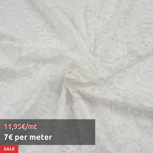 12 Mts Roll - Stretch Lace with Floral Pattern (White) - OFFER: 7€/MT-Roll-FabricSight