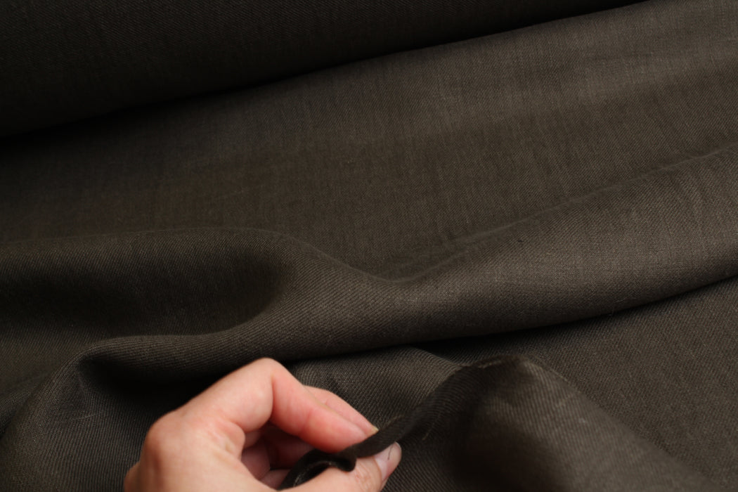 100% Linen Piece-Dyed Twill – Dark Green Khaki