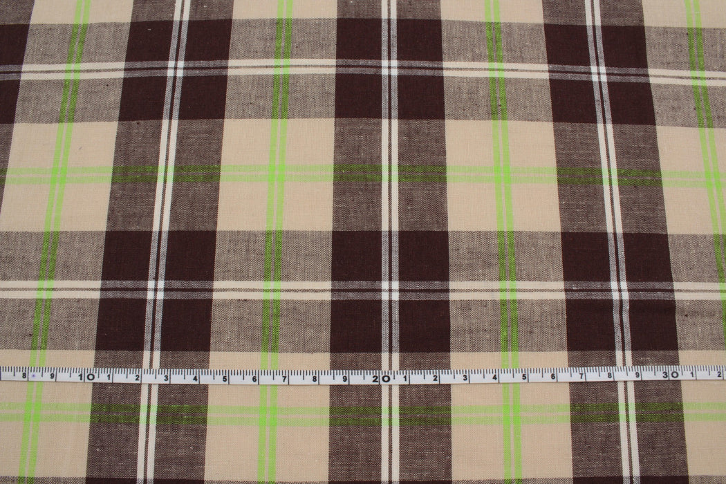 Cotton Linen Tartan Checks for Summer - Brown and Green-Fabric-FabricSight
