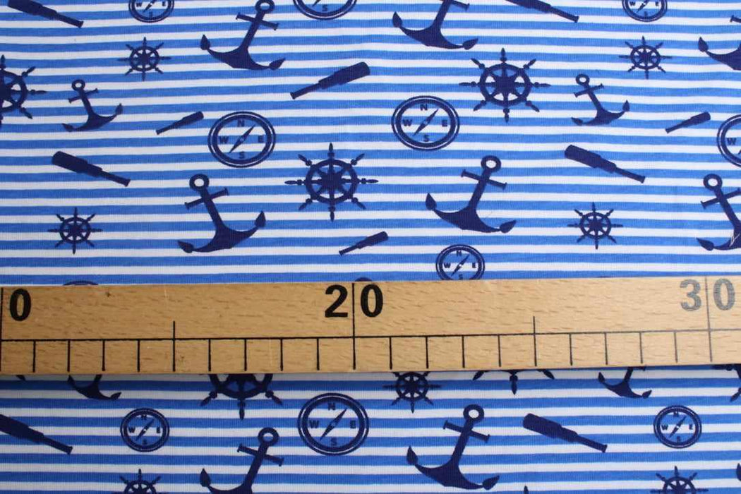 Cotton Stretch Jersey Nautical Print – Stripes & Sailing Motif-Fabric-FabricSight