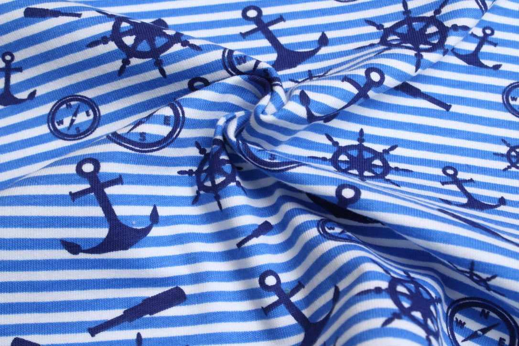 Cotton Stretch Jersey Nautical Print – Stripes & Sailing Motif-Fabric-FabricSight