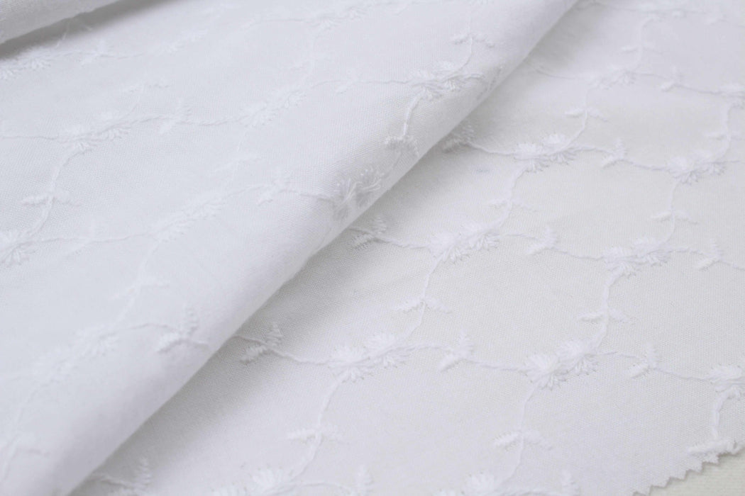 English Embroidery on Cotton Poplin - Floral Designs (Optical White)-Fabric-FabricSight