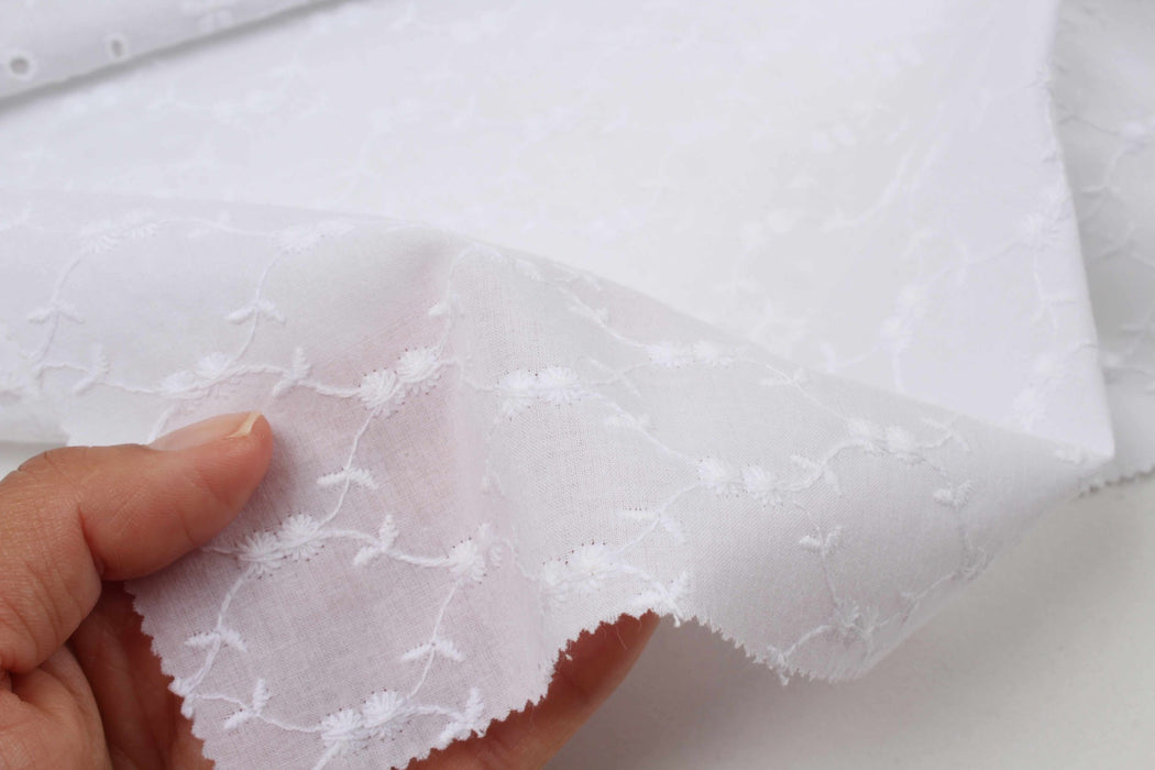 English Embroidery on Cotton Poplin - Floral Designs (Optical White)-Fabric-FabricSight