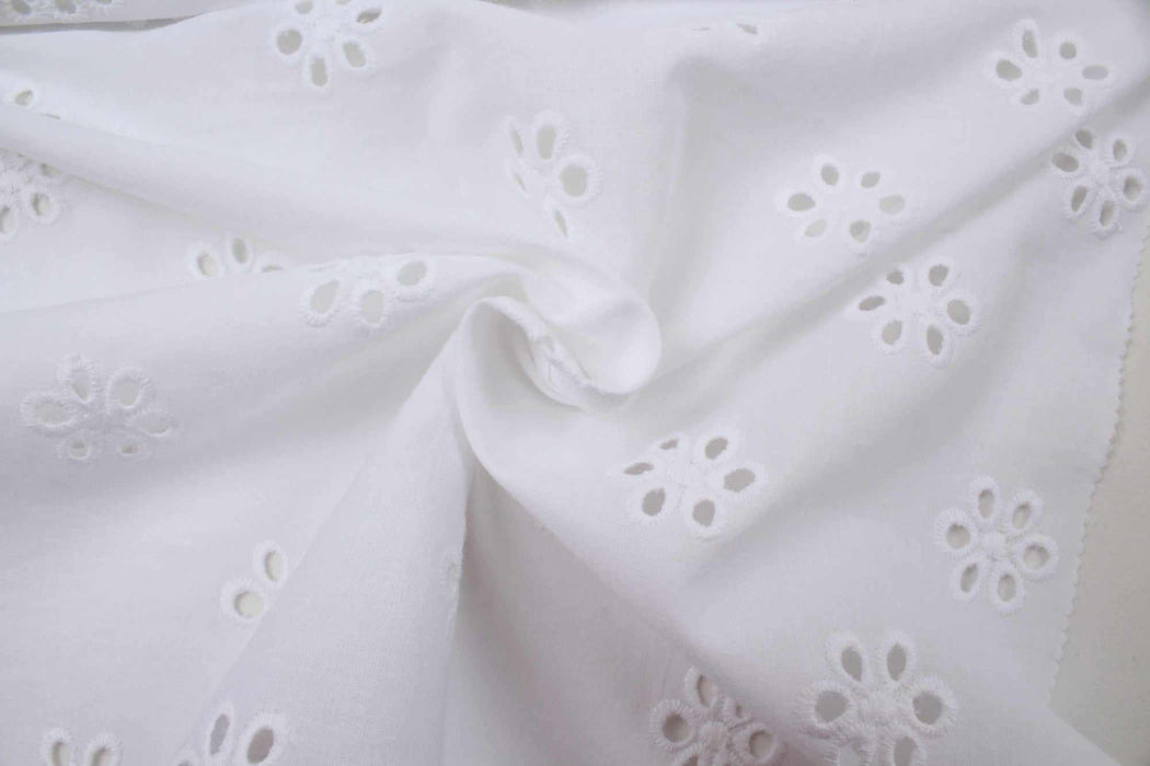 English Embroidery on Cotton Poplin - Floral Designs (Optical White)-Fabric-FabricSight