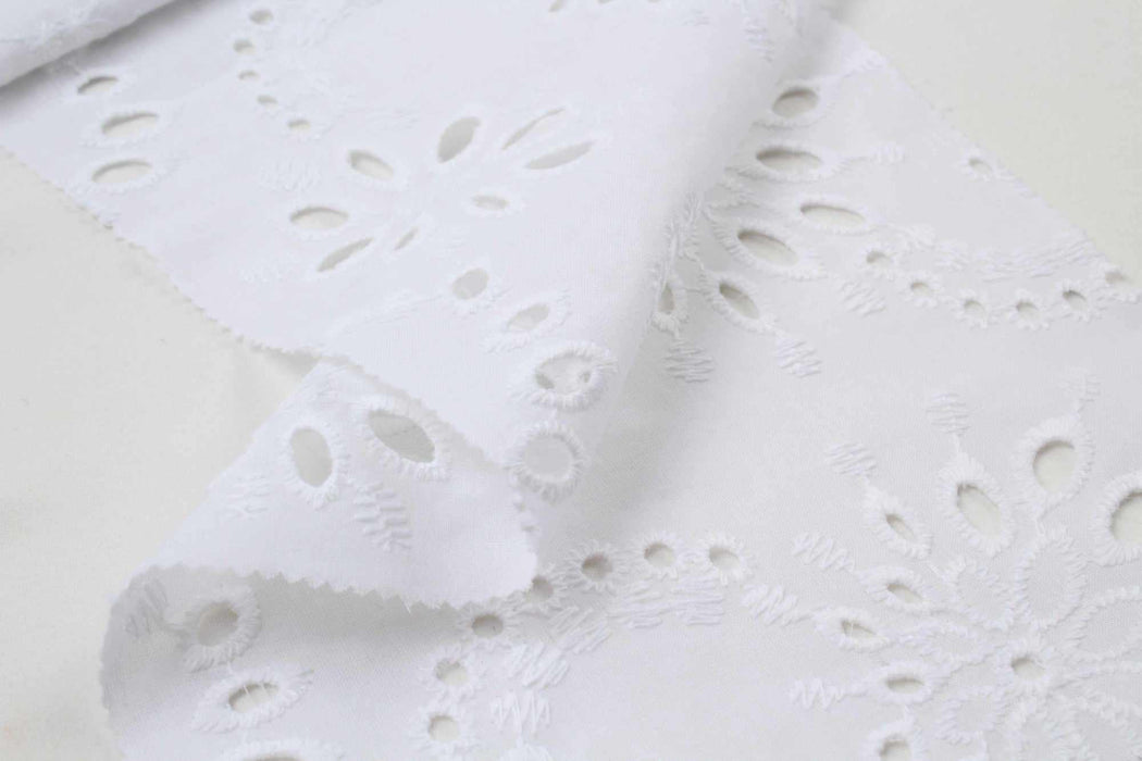 English Embroidery on Cotton Poplin - Floral Designs (Optical White)-Fabric-FabricSight