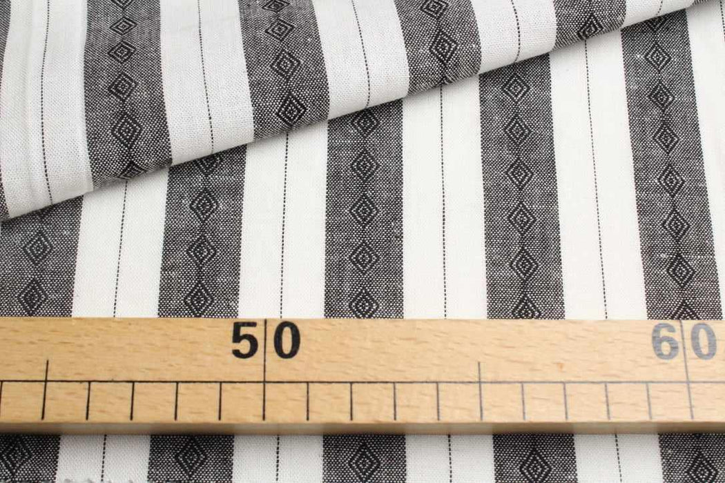 Linen Viscose Jacquard Stripe Fabric – Black & White – Rhombus Pattern-Fabric-FabricSight