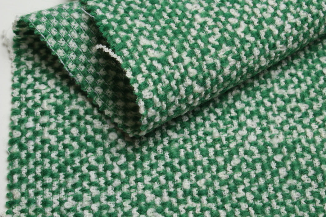 Luxury 100% Wool Bouclé Tweed – Green & Ecru – Designer Stock-Fabric-FabricSight
