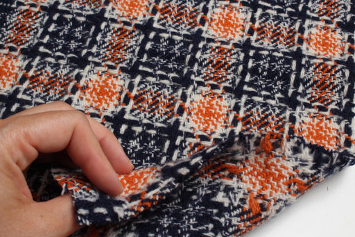 Luxury 100% Wool Dimensional Check – Navy, White & Orange-Fabric-FabricSight