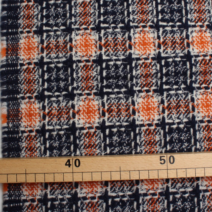 Luxury 100% Wool Dimensional Check – Navy, White & Orange