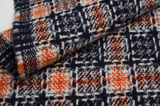 Luxury 100% Wool Dimensional Check – Navy, White & Orange-Fabric-FabricSight