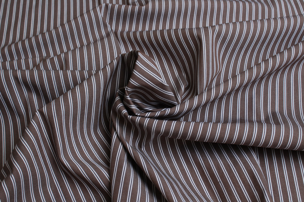 Matte Striped Stretch Cotton Poplin – Brown & White - Remnant-Remnant-FabricSight