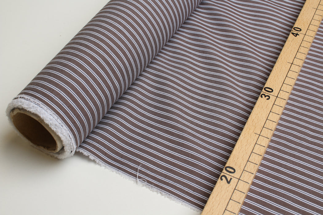 Matte Striped Stretch Cotton Poplin – Brown & White - Remnant-Remnant-FabricSight