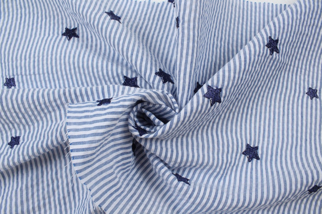 Seersucker Stripes Fabric with Stars Embroidery - Blue-Fabric-FabricSight