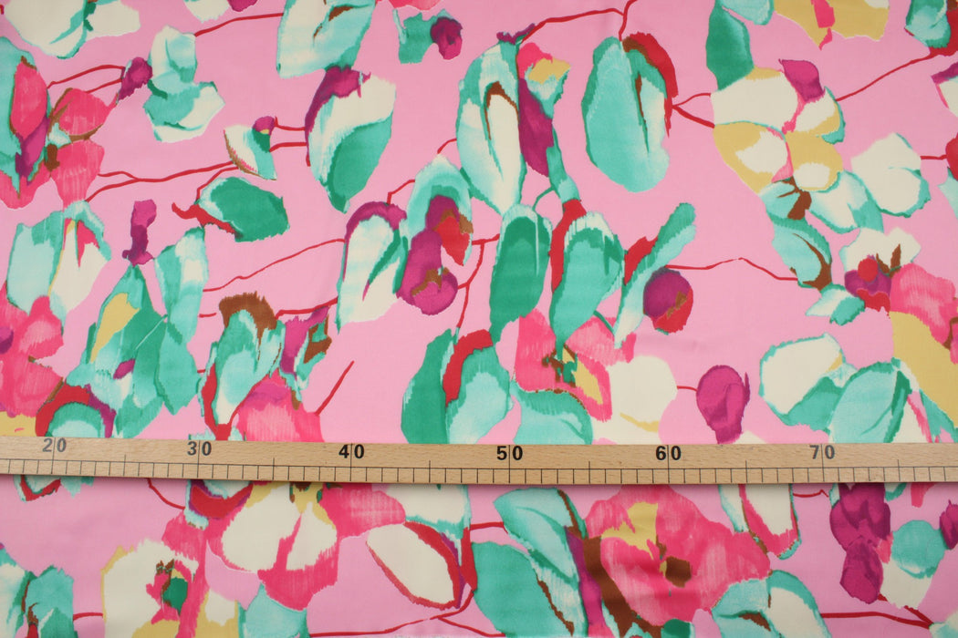 Shiny Satin - Pink - Flowers Print-Fabric-FabricSight