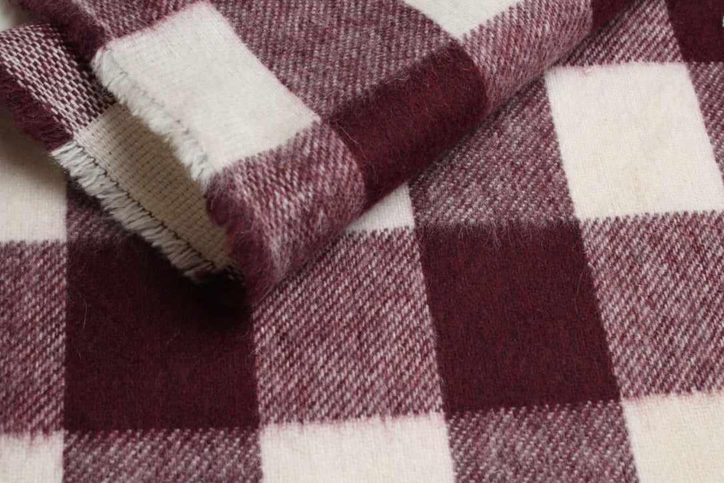 Soft Brushed Buffalo Check Wool Blend – Bordeaux & White – Italian Designer Stock-Fabric-FabricSight