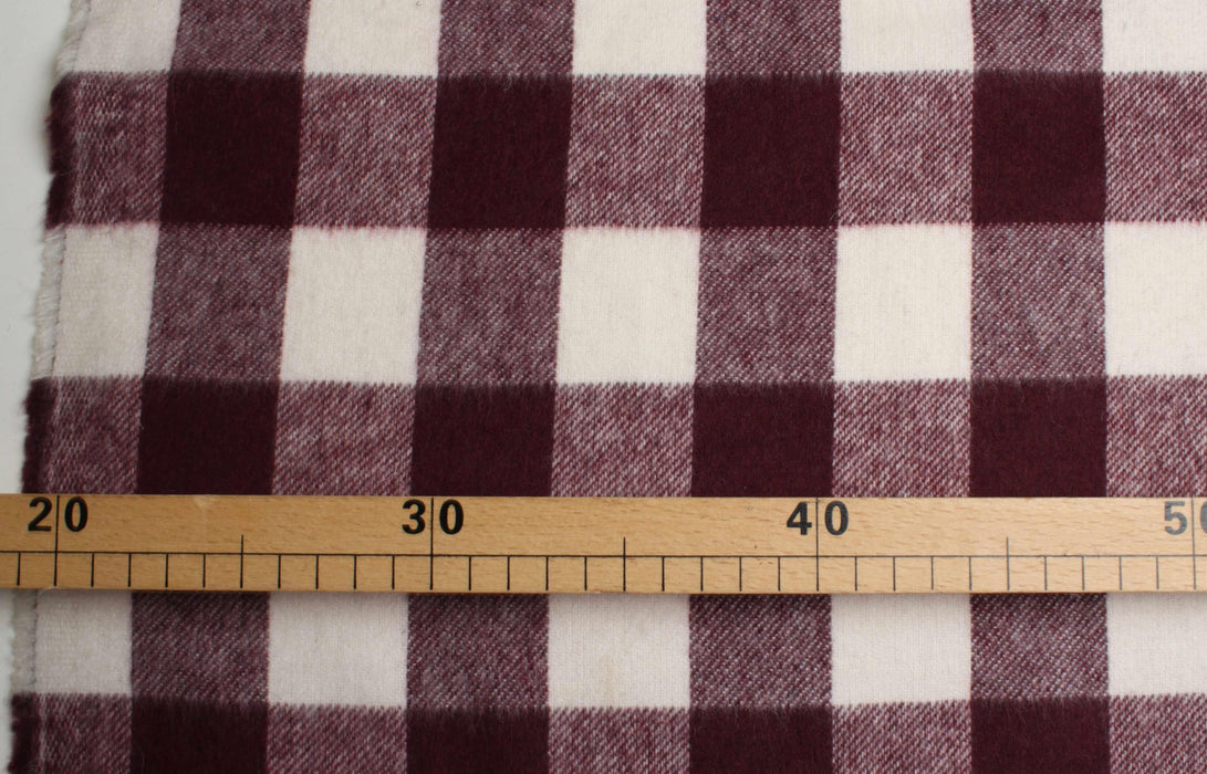 Soft Brushed Buffalo Check Wool Blend – Bordeaux & White – Italian Designer Stock-Fabric-FabricSight