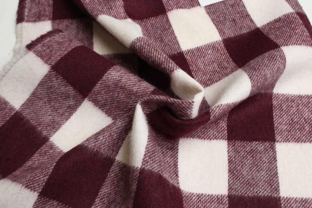 Soft Brushed Buffalo Check Wool Blend – Bordeaux & White – Italian Designer Stock-Fabric-FabricSight