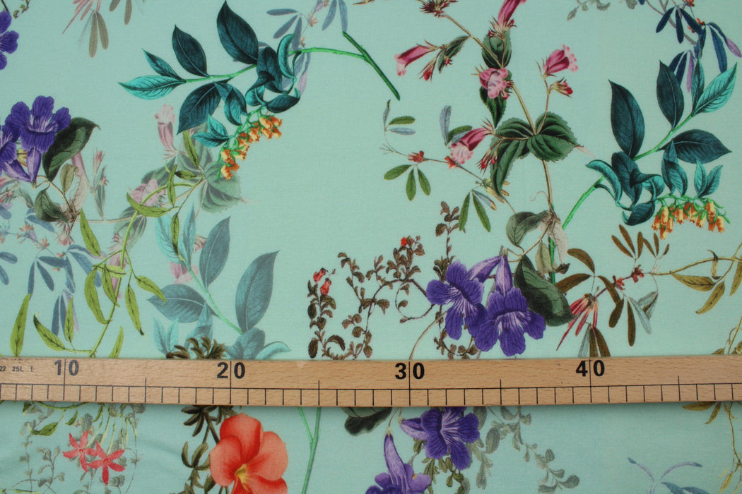 Stretch Cotton Jersey - Floral Print - Turquoise-Fabric-FabricSight
