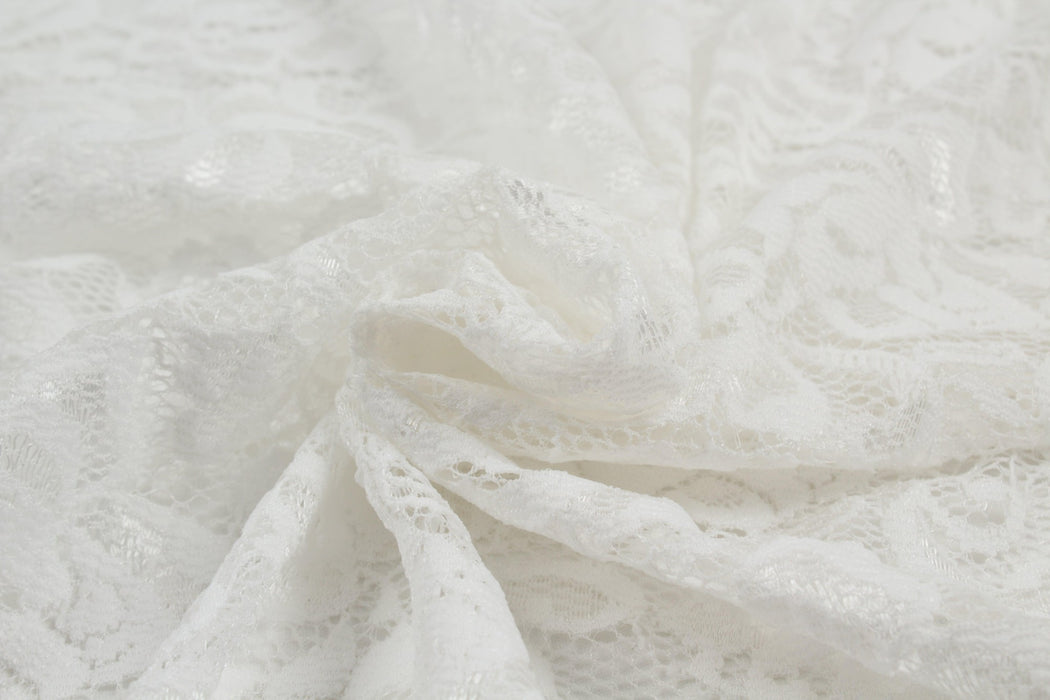 Stretch Lace with Floral Pattern - White-Fabric-FabricSight