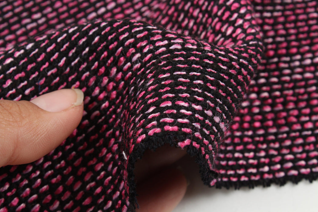Viscose Blend Tweed Stripes - Fuchsia and Black-Fabric-FabricSight