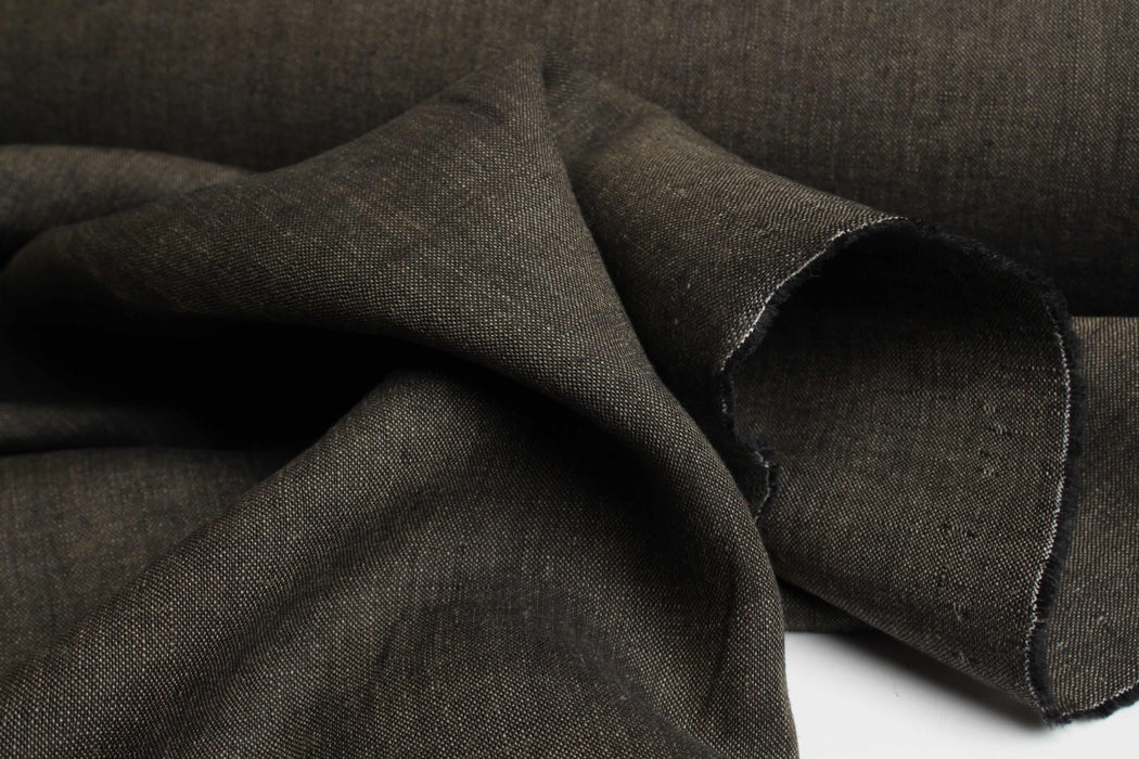 Swatch-Yarn Dyed Brown-Black, Mid-Weight washed Linen-Fabric-FabricSight