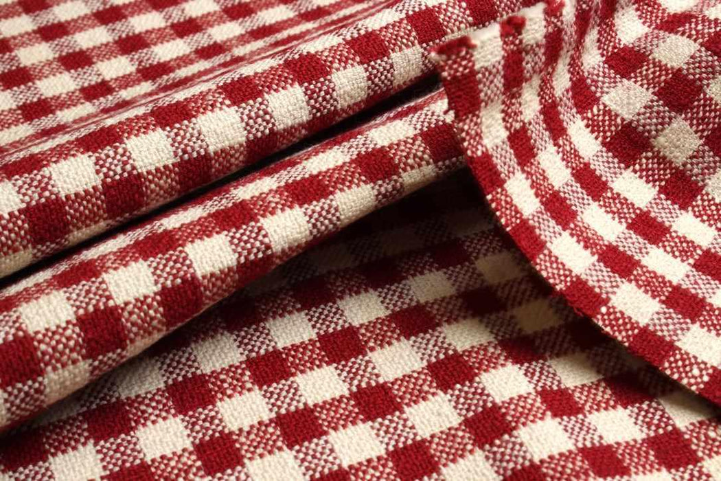 Yarn-Dyed Cotton-Linen Stretch Canvas – Red & Off-White Vichy Checks-Fabric-FabricSight