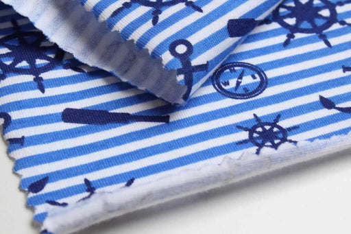 swatch-Cotton Stretch Jersey Nautical Print – Stripes & Sailing Motif-Fabric-FabricSight