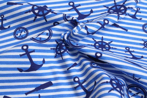 swatch-Cotton Stretch Jersey Nautical Print – Stripes & Sailing Motif-Fabric-FabricSight