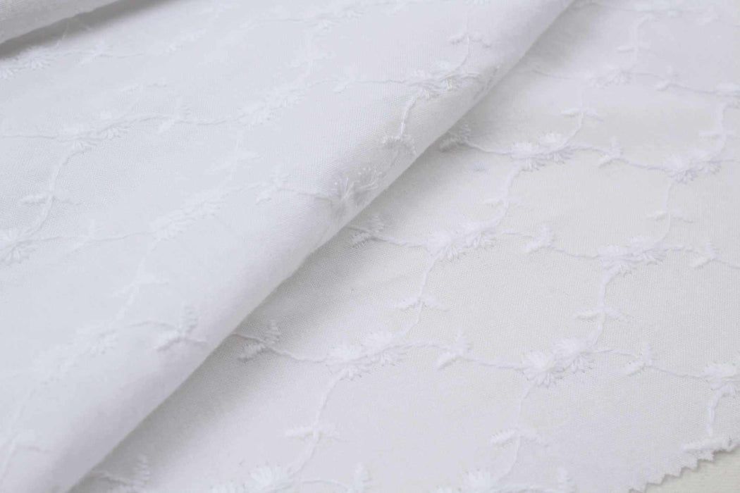 swatch-English Embroidery on Cotton Poplin - Floral Designs (Optical White)-Fabric-FabricSight