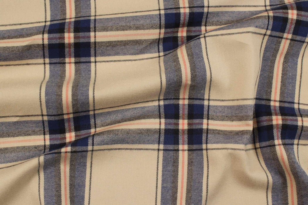 swatch-Organic Cotton Flannel Shirting - Beige / Blue Checks-Fabric-FabricSight